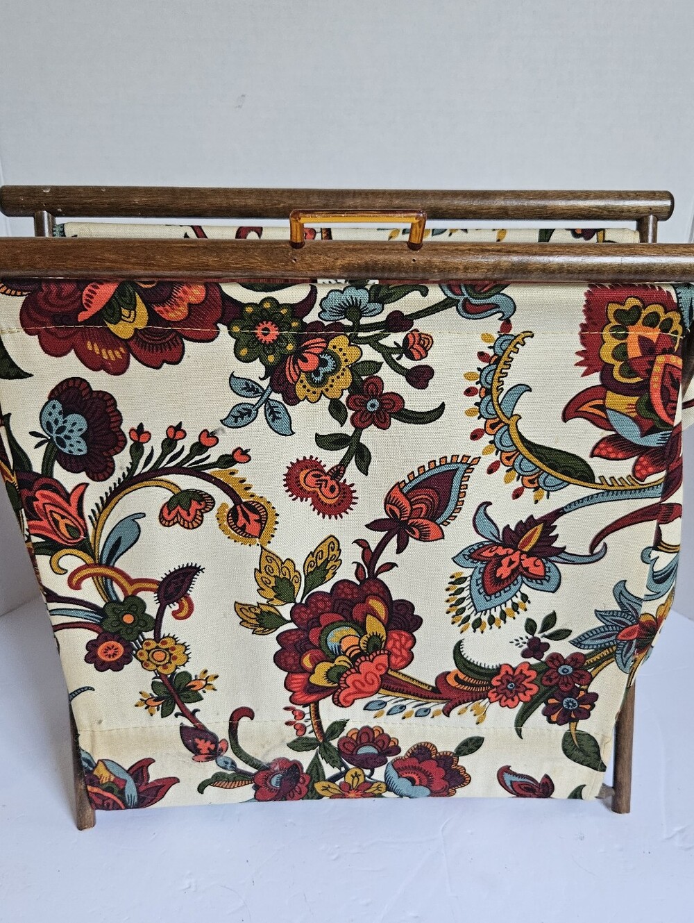Vintage Wooden Folding Sewing Caddy Floral Fabric Knitting Craft Basket
